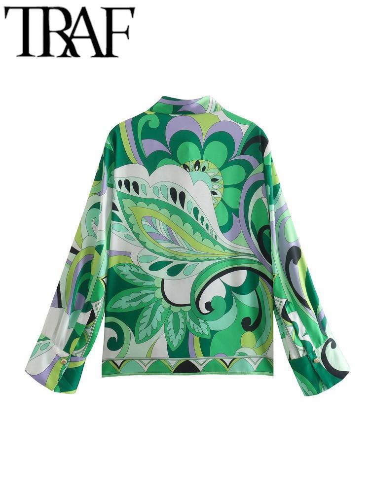 Women's Two Piece Pants TRAF Suit Summer Set Women 2 Piece Beach Trouser Printed Long Sleeve Green Blouse Straight Pants Tall Satin Casual 220912