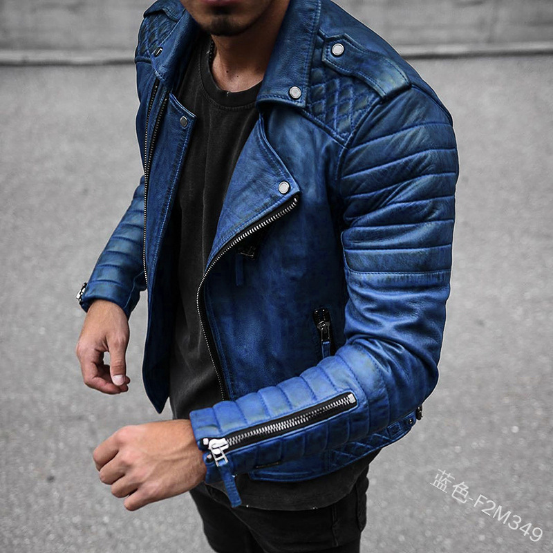 Men's Leather Faux Leather Men Faux Leather Jacket Spring Autumn Slim Solid Zipper Stitching Motorcycle Jacket Men Long Sleeve Turn-down Collar P