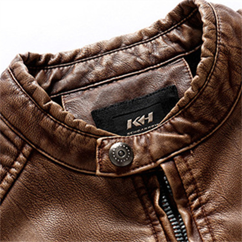 Men's Leather Faux Leather AIOPESON Fleece PU Mens Leather Jacket Solid Color Pocket Zipper Stand Collar Button Men's Jacket Autumn Winter F