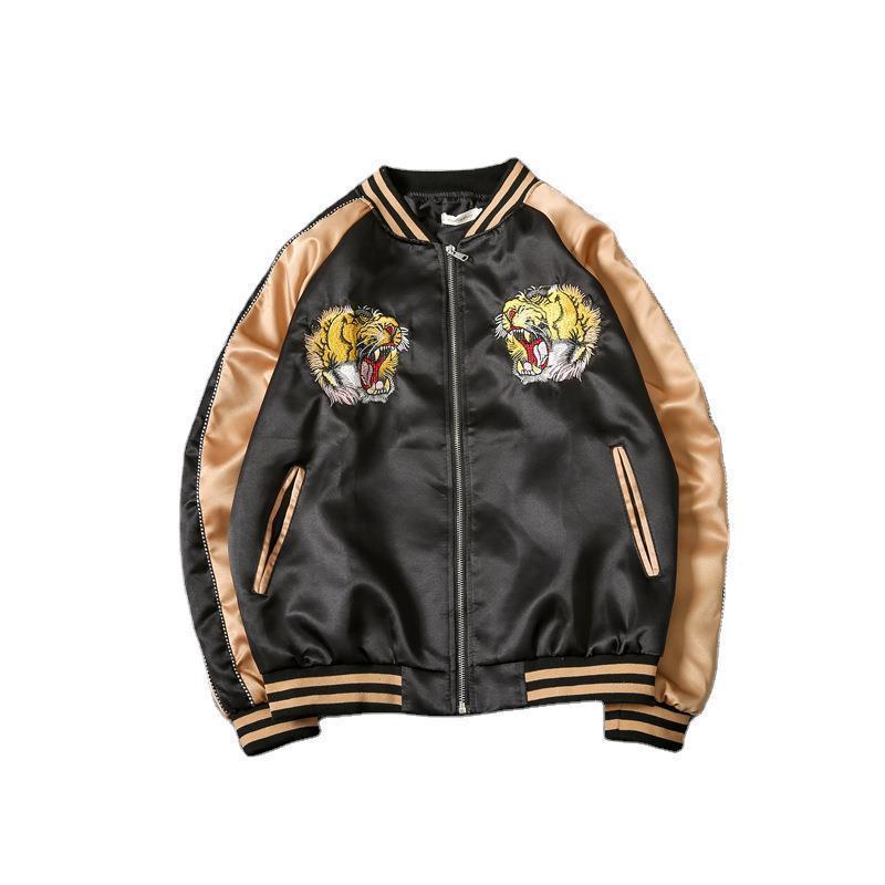 Men's Jackets Autumn Men's Jacket Embroidered Tiger Head Satin Baseball Fashion Jaket Overcoat Bomber Streetwear 220912