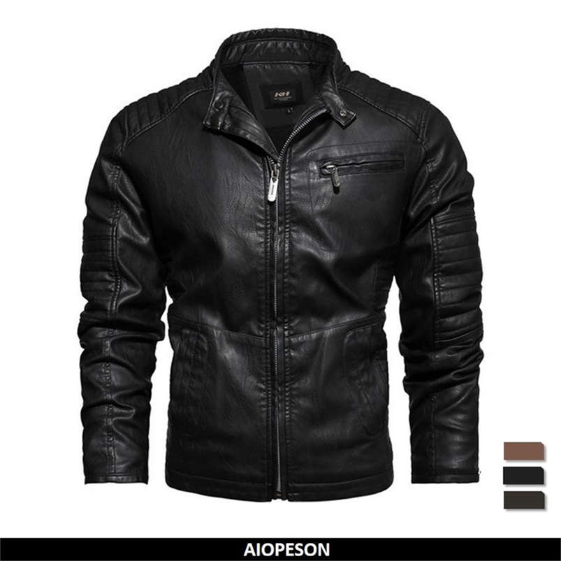 Men's Leather Faux Leather AIOPESON Fleece PU Mens Leather Jacket Solid Color Pocket Zipper Stand Collar Button Men's Jacket Autumn Winter F