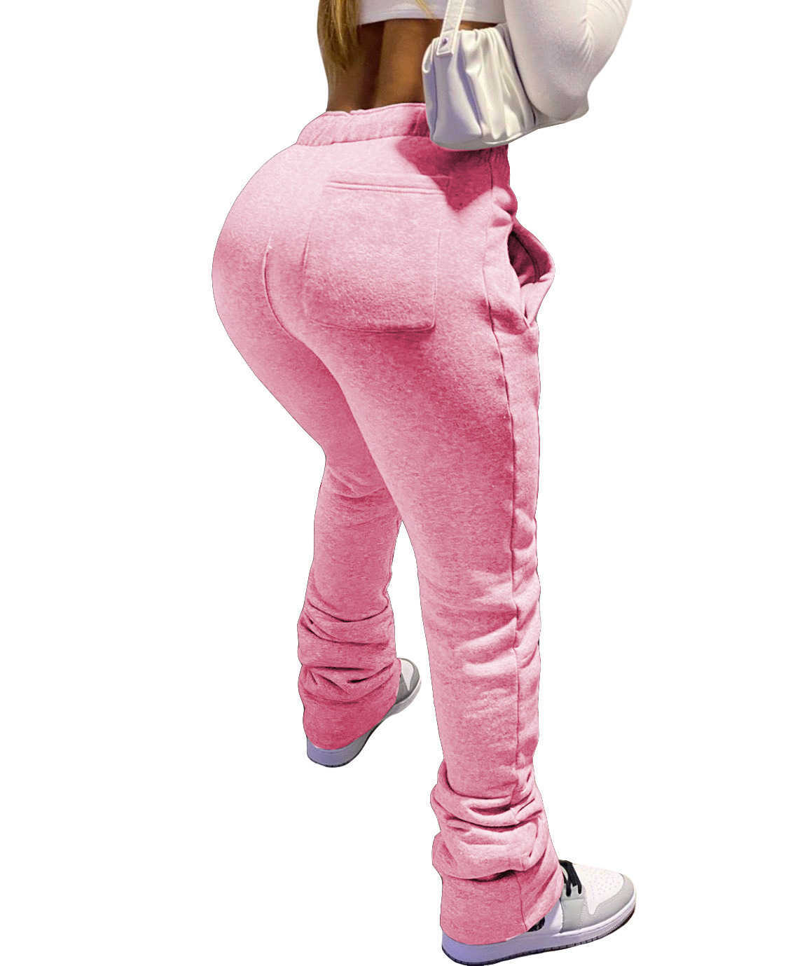 Fall Winter Women Sweatpants Stacked Pants High Waist Leggings Fleece Drawstring Trousers With Pockets