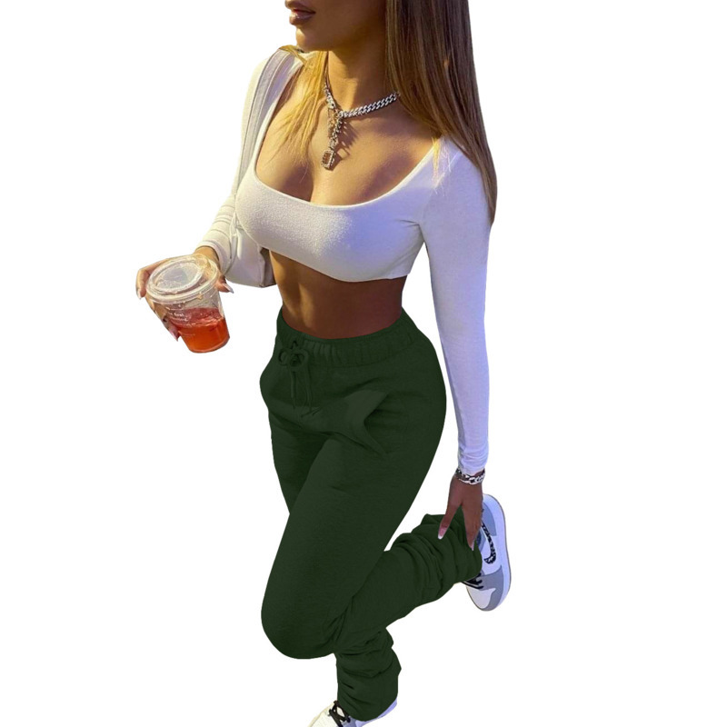 Fall Winter Women Sweatpants Stacked Pants High Waist Leggings Fleece Drawstring Trousers With Pockets