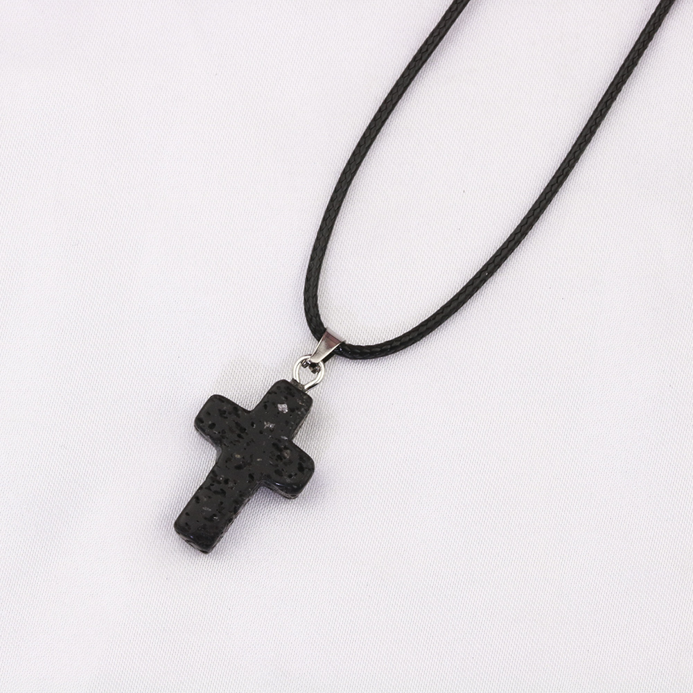 natural Black Lava Stone cross Necklace Aromatherapy Essential Oil Perfume Diffuser Pendant PU Chain Necklace Women men Jewelry