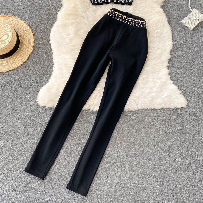 Women's Two Piece Pants Autumn Womens Two Peice Sets Beaded Chic Cropped Tops And High Waist Slim Women's Long Pants Fashion Set Woman 2 Pie