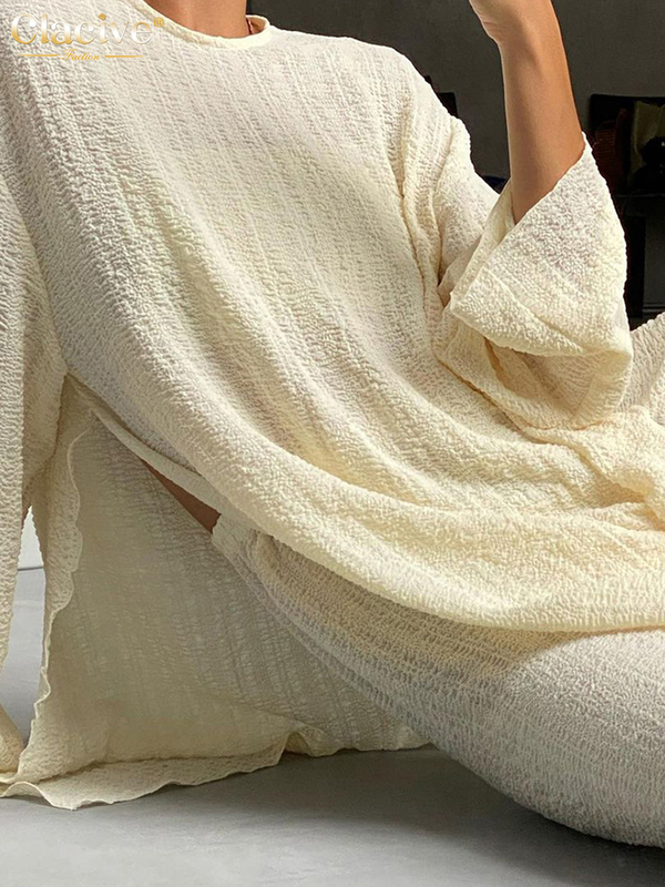 Women's Two Piece Pants Clacive Fashion Loose 2 Piece Pants Set Women Casual Long Sleeve T-Shrit Matching Wide Trousers Suit Vintage High Wasit P