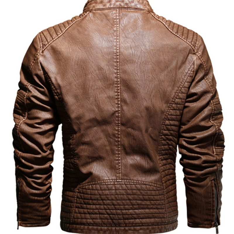 Men's Leather Faux Leather AIOPESON Fleece PU Mens Leather Jacket Solid Color Pocket Zipper Stand Collar Button Men's Jacket Autumn Winter F
