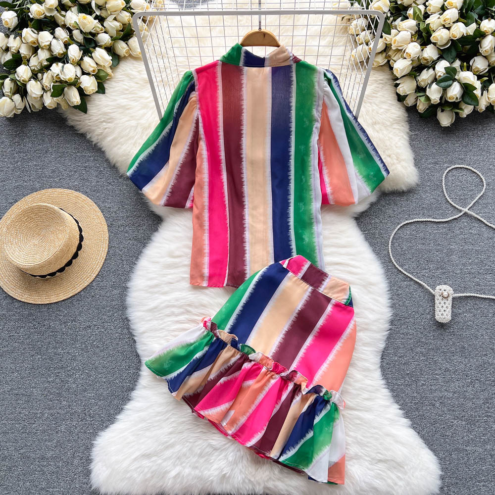Summer Two Piece Dress Womens Outifits Striped Puff Sleeves Blouses Top And Ruffled Mini Skirt Sets Elegant Woman 2 Pieces Suit 2023