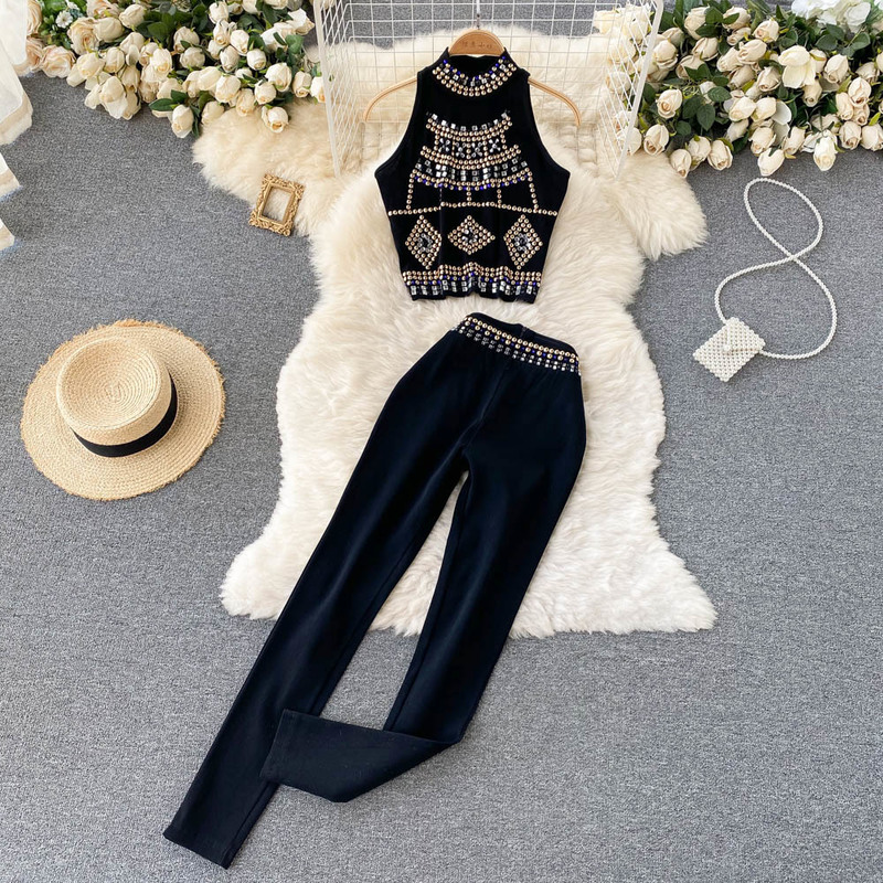 Women's Two Piece Pants Autumn Womens Two Peice Sets Beaded Chic Cropped Tops And High Waist Slim Women's Long Pants Fashion Set Woman 2 Pie