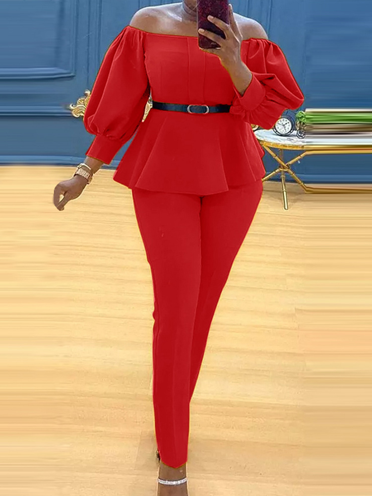 Women's Two Piece Pants VONDA Office Lady Pants Sets Women Ruffled Blouse Off Shoulder Tops And Long Trousers Suit Pants Female Ropa De Mujer 220