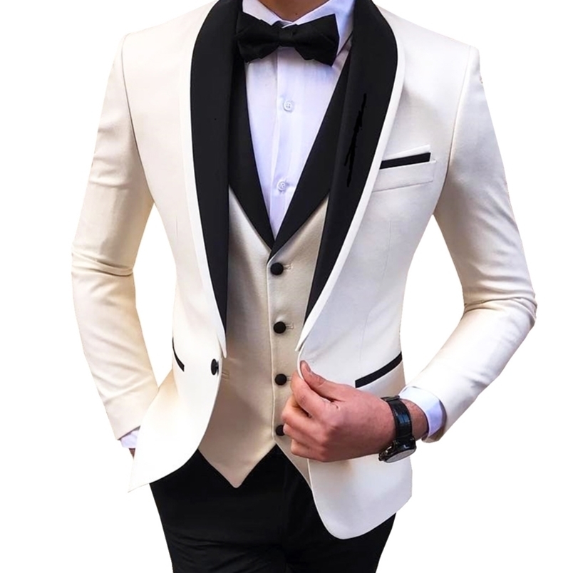 Men's Suits Blazers White Slit Mens Suits 3 Piece Black Shawl Lapel Casual Groom Tuxedos for Wedding Groomsmen Suits Men BlazerVestPant 220909