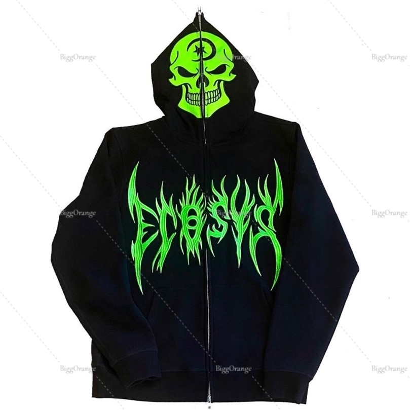 Mens Hoodies Sweatshirts Fluorescent Green Skull Pattern Clothes Teens Streetwear Oversized Anime Hoodie Men Harajuku Zip Sweatshirt Y2K Punk Clothing