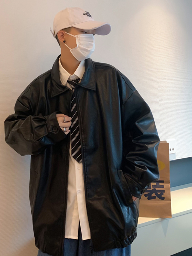 Men's Leather Faux Gmiixder Handsome PU Jacket Trend High Street Autumn and Winter Loose All-match Teen Solid Lapel Coat Men 220912