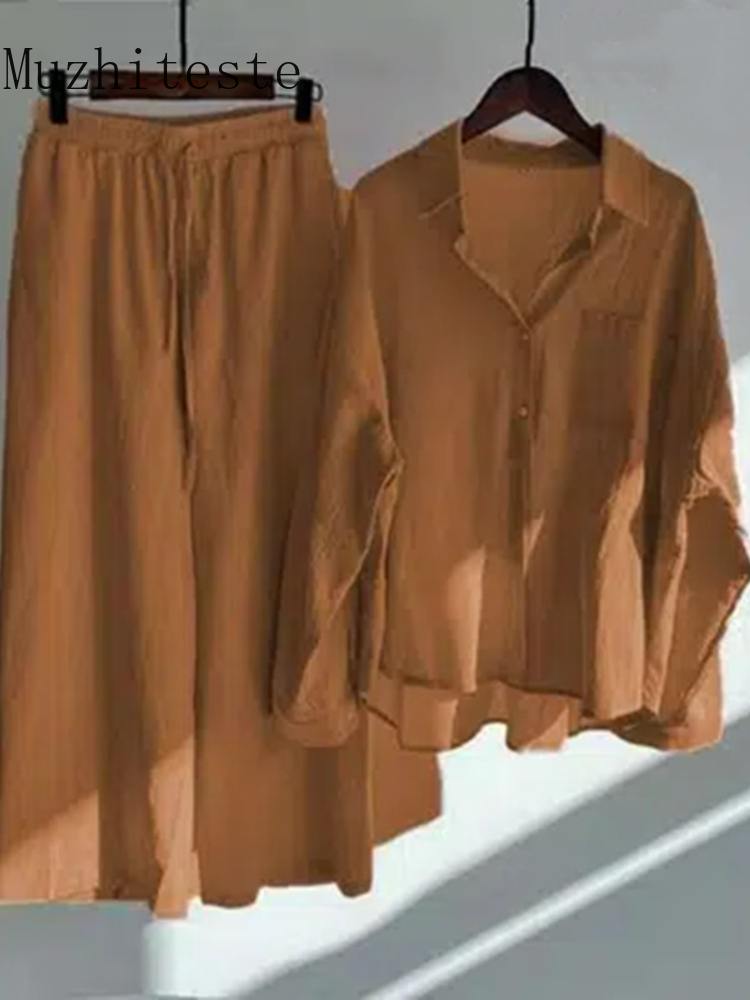 Women's Two Piece Pants 2-piece Oversize Cotton and Linen Shirt Slacks Suit Set of Fashion Pieces for Women Tracksuit 220912