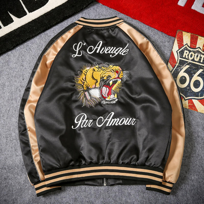Men's Jackets Autumn Men's Jacket Embroidered Tiger Head Satin Baseball Fashion Jaket Overcoat Bomber Streetwear 220912