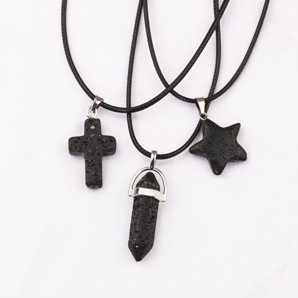 Cross Star Hexagonal Prism Black Lava Stone Necklace Aromatherapy Essential Oil Perfume Diffuser Pendant PU Chain Necklace Women men Jewelry