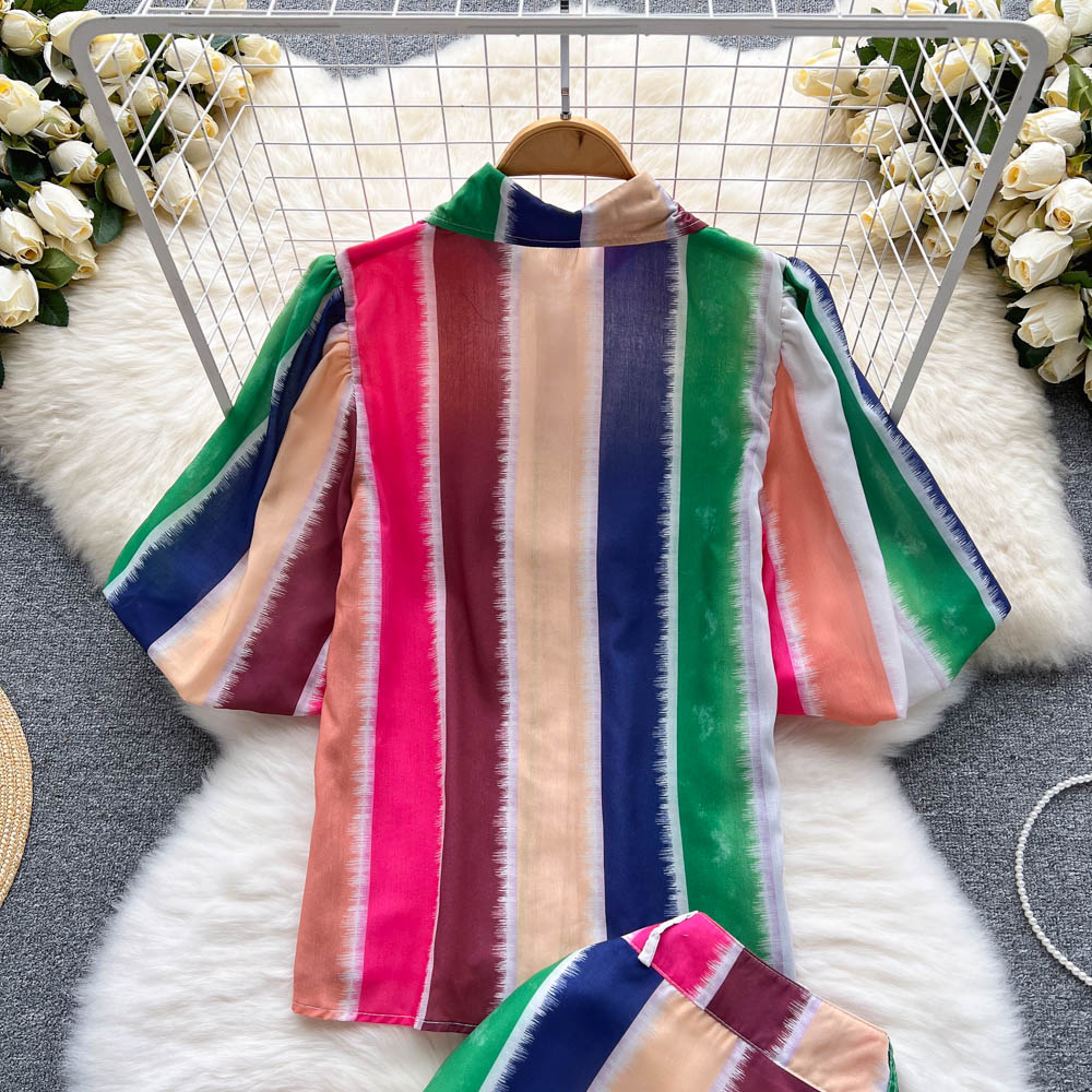 Summer Two Piece Dress Womens Outifits Striped Puff Sleeves Blouses Top And Ruffled Mini Skirt Sets Elegant Woman 2 Pieces Suit 2023