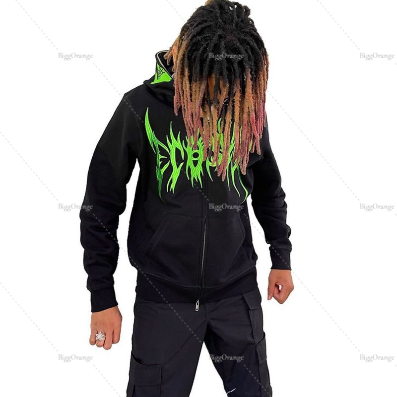 Mens Hoodies Sweatshirts Fluorescent Green Skull Pattern Clothes Teens Streetwear Oversized Anime Hoodie Men Harajuku Zip Sweatshirt Y2K Punk Clothing