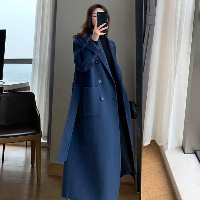 Women's Wool Blends LANMREM Autumn Winter Women Woolen Coat Warm Long Length Double Breasted Navy Blue Coats Female Elegant Outerwear 2C533 22091