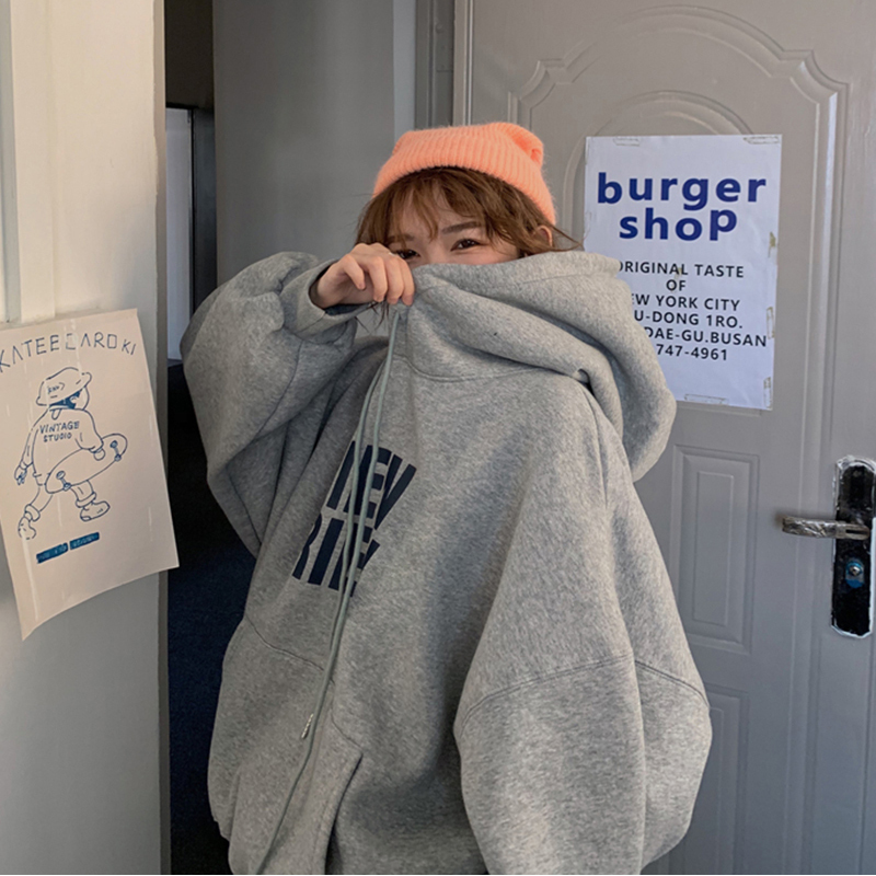 Women s Hoodies Sweatshirts Korean Fashion Grey Loose Fleece Pullover Vintage Pocket Letter Printing Sweatshirt Lazy Casual Raglan Sleeves Hoodie Autu