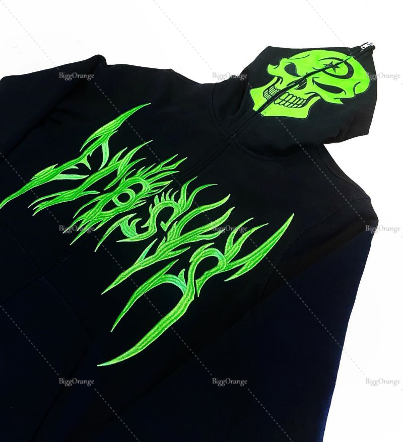 Mens Hoodies Sweatshirts Fluorescent Green Skull Pattern Clothes Teens Streetwear Oversized Anime Hoodie Men Harajuku Zip Sweatshirt Y2K Punk Clothing