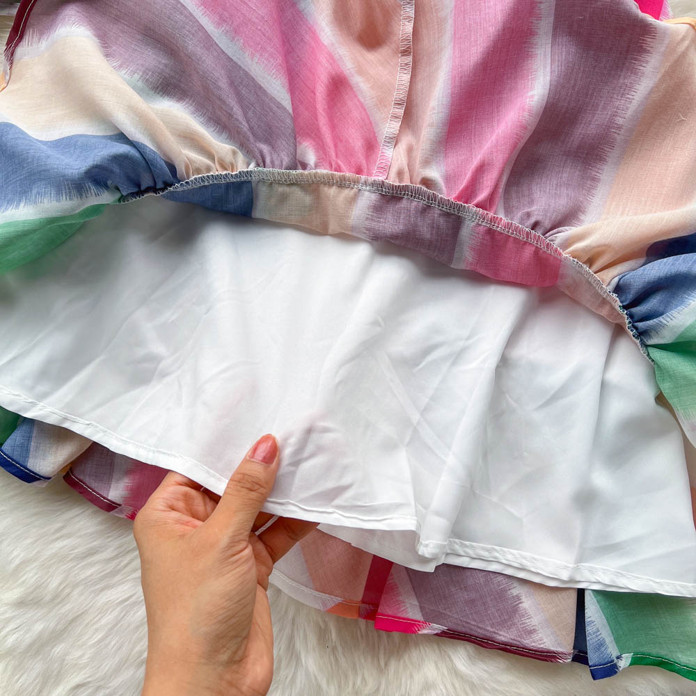 Summer Two Piece Dress Womens Outifits Striped Puff Sleeves Blouses Top And Ruffled Mini Skirt Sets Elegant Woman 2 Pieces Suit 2023