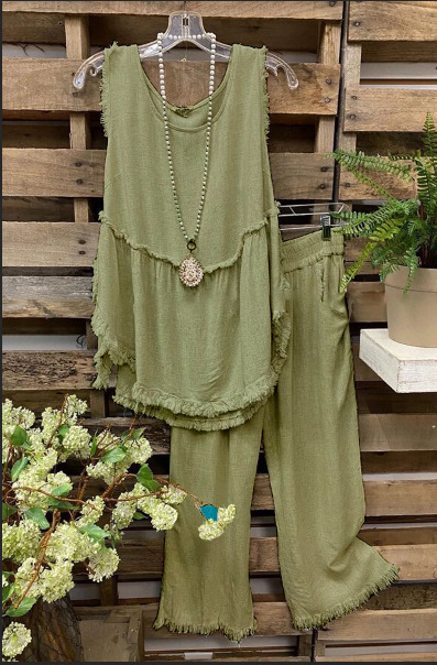 Women's Two Piece Pants Cotton Linen Summer Two Piece Set Women Casual Solid Sleeveless Frayed O Neck Vest Shirt Wide Leg Pants Trousers Set Suit