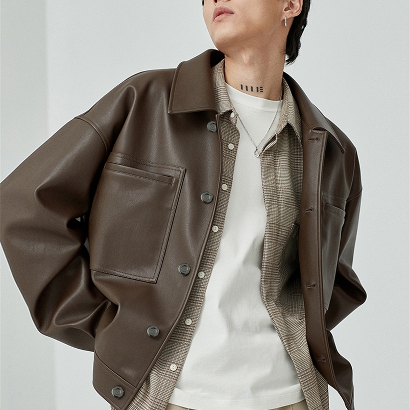 Men's Leather Faux Leather Mauroicardi Spring Autumn Short Oversized Brown Black Soft Faux Leather Jackets for Men Pockets Long Sleeve Korean Fas