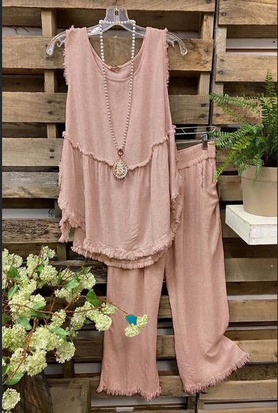 Women's Two Piece Pants Cotton Linen Summer Two Piece Set Women Casual Solid Sleeveless Frayed O Neck Vest Shirt Wide Leg Pants Trousers Set Suit