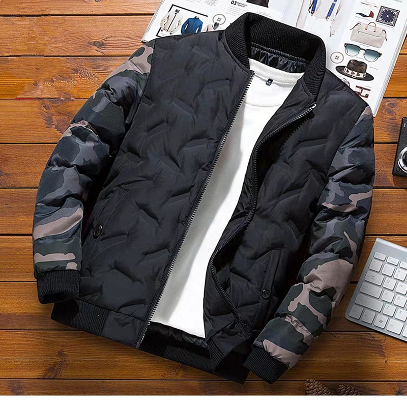 Men's Down Parkas Men Winter Baseball Jacket Camouflage Patchwork Cotton Coats Slim Fit College Warm Jackets Men's Stand Collar Outwear Coat