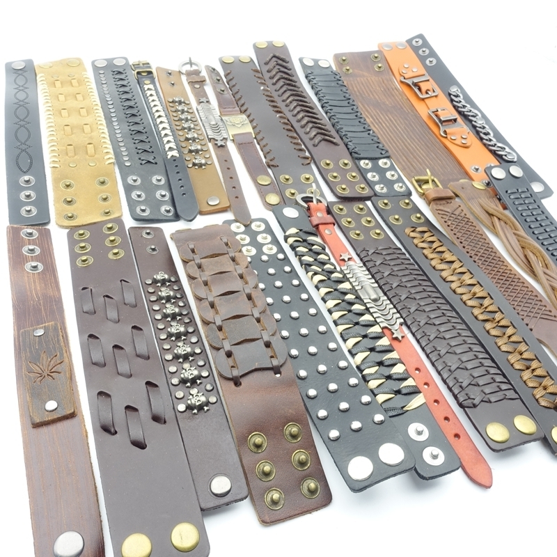 Bangle 30PCs Genuine Leather Men Women Bracelets Handmade Metal Button Punk Jewelry Biker Bangle Wholesale Lot Fashion Accessories Gift 220912