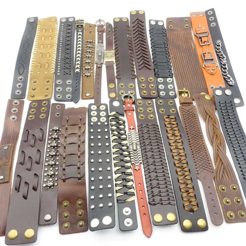 Bangle 30PCs Genuine Leather Men Women Bracelets Handmade Metal Button Punk Jewelry Biker Bangle Wholesale Lot Fashion Accessories Gift 220912