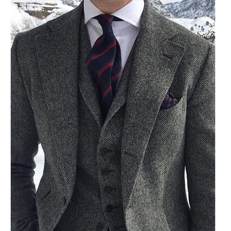 Men's Suits Blazers Gray Wool Tweed Men Suits For Winter Wedding Formal Groom Tuxedo 3 Piece Herringbone Male Fashion Set Jacket Vest with Pants 