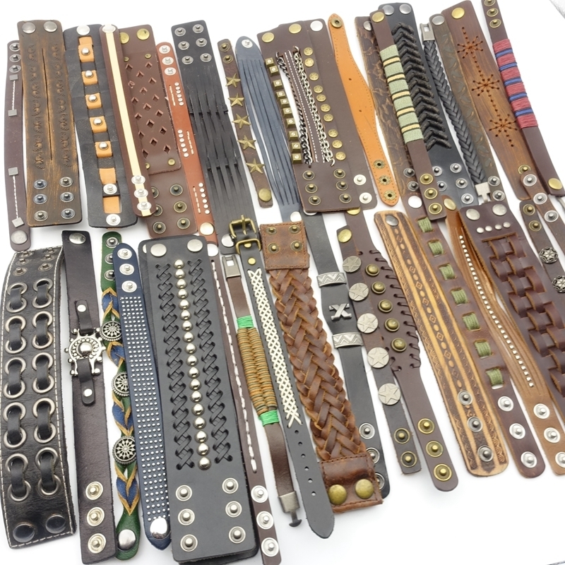 Bangle 30PCs Genuine Leather Men Women Bracelets Handmade Metal Button Punk Jewelry Biker Bangle Wholesale Lot Fashion Accessories Gift 220912