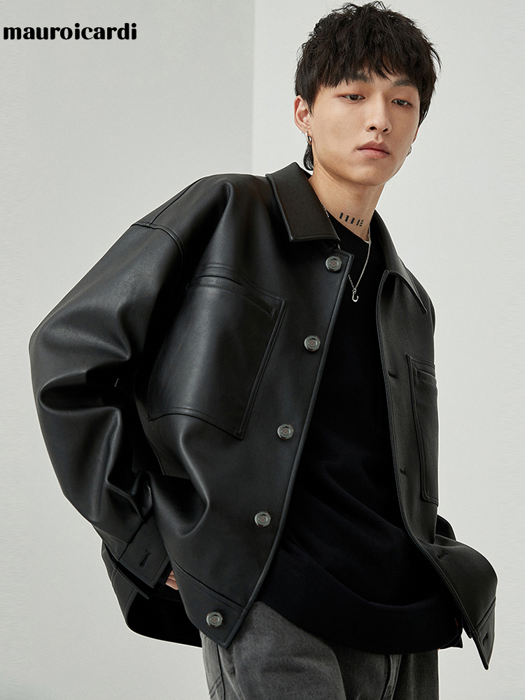 Men's Leather Faux Leather Mauroicardi Spring Autumn Short Oversized Brown Black Soft Faux Leather Jackets for Men Pockets Long Sleeve Korean Fas