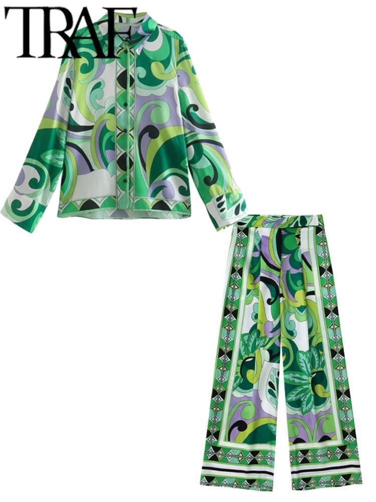Women's Two Piece Pants TRAF Suit Summer Set Women 2 Piece Beach Trouser Printed Long Sleeve Green Blouse Straight Pants Tall Satin Casual 220912