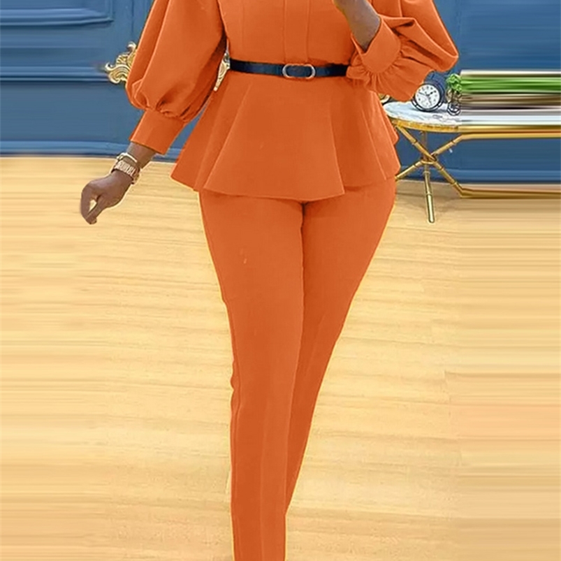 Women's Two Piece Pants VONDA Office Lady Pants Sets Women Ruffled Blouse Off Shoulder Tops And Long Trousers Suit Pants Female Ropa De Mujer 220