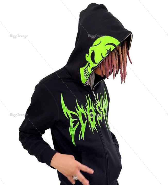 Mens Hoodies Sweatshirts Fluorescent Green Skull Pattern Clothes Teens Streetwear Oversized Anime Hoodie Men Harajuku Zip Sweatshirt Y2K Punk Clothing