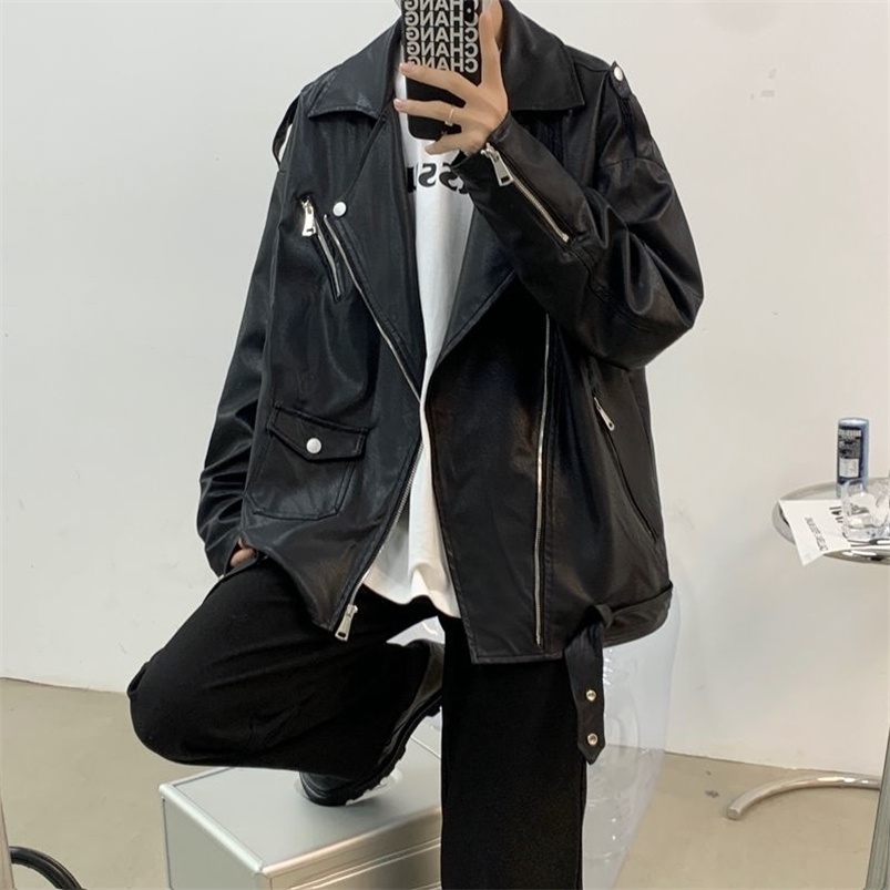 Men's Leather Faux Leather Privathinker Spring Men Motorcycle Leather Jacket Loose Fashion Turn Down Collar Male Coats Korean Style Zipper Outerw