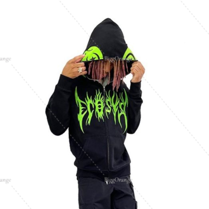 Mens Hoodies Sweatshirts Fluorescent Green Skull Pattern Clothes Teens Streetwear Oversized Anime Hoodie Men Harajuku Zip Sweatshirt Y2K Punk Clothing
