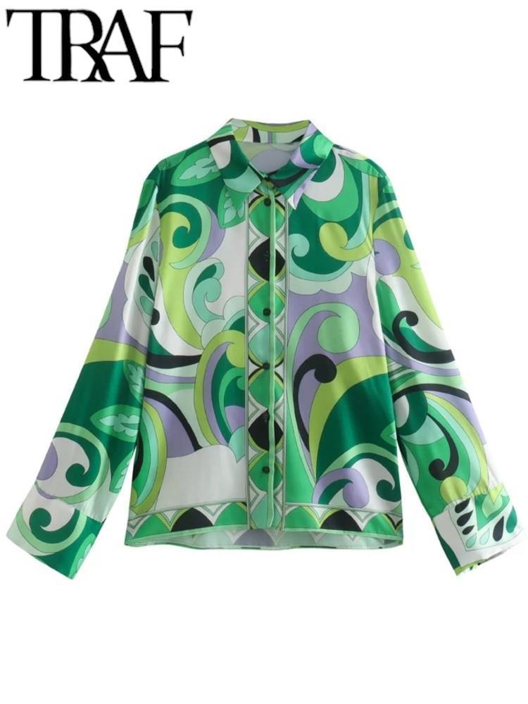 Women's Two Piece Pants TRAF Suit Summer Set Women 2 Piece Beach Trouser Printed Long Sleeve Green Blouse Straight Pants Tall Satin Casual 220912