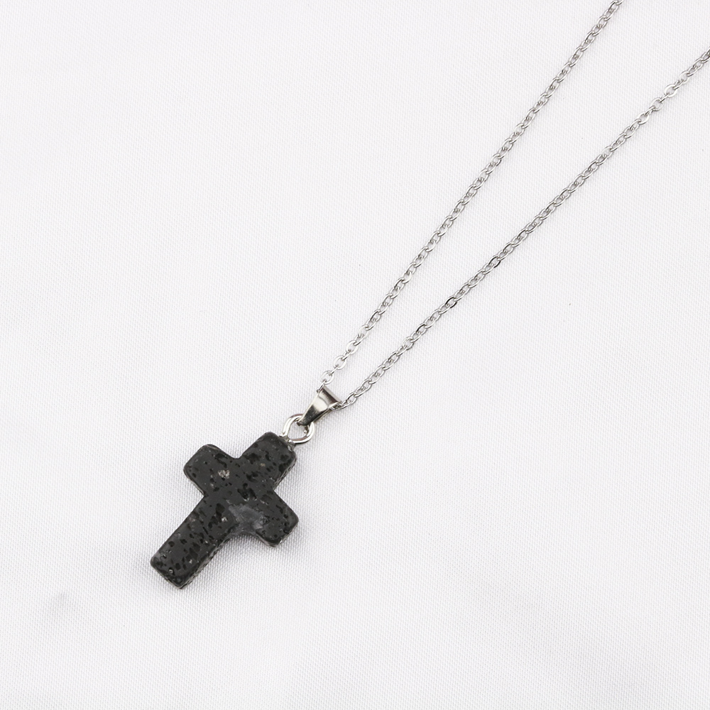 natural Black Lava Stone cross Necklace Aromatherapy Essential Oil Perfume Diffuser Pendant PU Chain Necklace Women men Jewelry