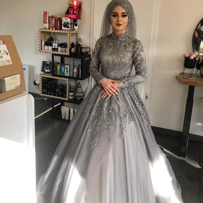Arabic Aso Ebi Muslim Wedding Dresses silver grey Lace Beaded Luxurious lace-up corset Bridal Dresses Long Sleeves Wedding Gowns