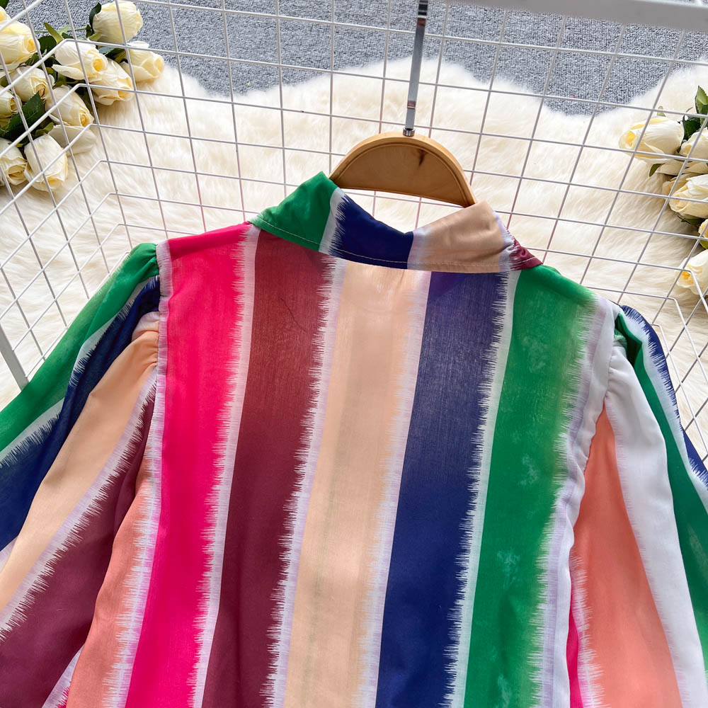 Summer Two Piece Dress Womens Outifits Striped Puff Sleeves Blouses Top And Ruffled Mini Skirt Sets Elegant Woman 2 Pieces Suit 2023