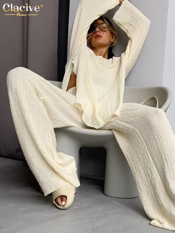 Women's Two Piece Pants Clacive Fashion Loose 2 Piece Pants Set Women Casual Long Sleeve T-Shrit Matching Wide Trousers Suit Vintage High Wasit P