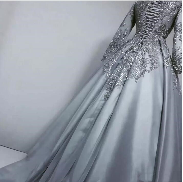 Arabic Aso Ebi Muslim Wedding Dresses silver grey Lace Beaded Luxurious lace-up corset Bridal Dresses Long Sleeves Wedding Gowns