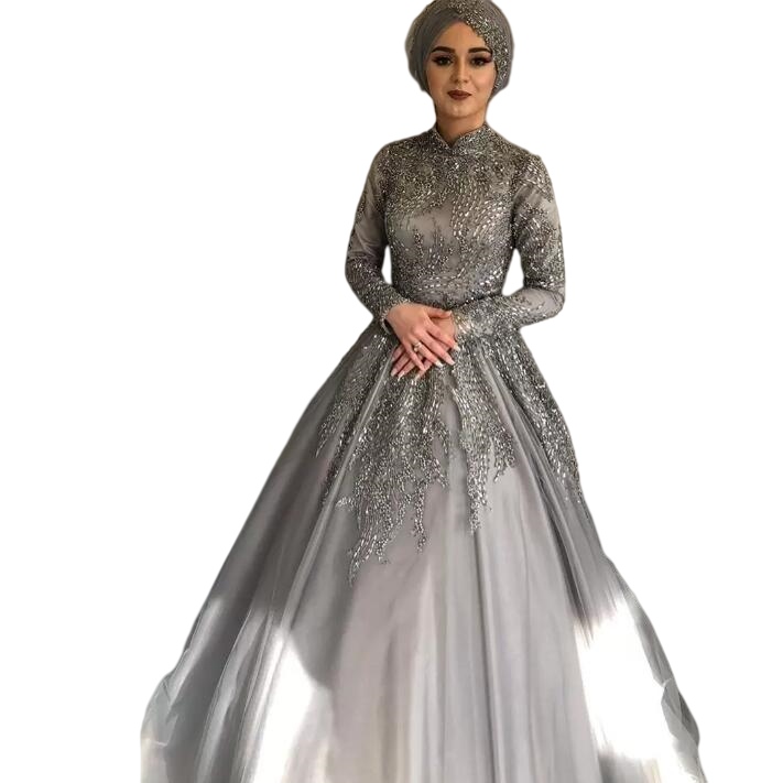 Arabic Aso Ebi Muslim Wedding Dresses silver grey Lace Beaded Luxurious lace-up corset Bridal Dresses Long Sleeves Wedding Gowns