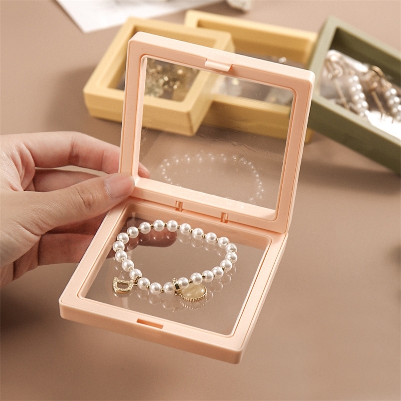 Jewelry Boxes 10pcs/lot Plastic Jewelry Box Transparent Stands 3D Pink Yellow Colorful Picture Frame PE Membrane Floating Display Case Holder 220912