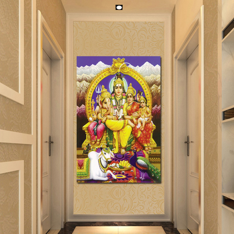 Painting Shiva Parvati Ganesha Indian Art Hindu God Figure Canvas Religious Poster and Print Wall Picture for Living Room Decor