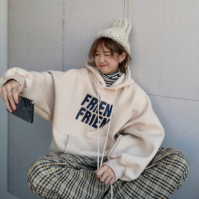 Women s Hoodies Sweatshirts Korean Fashion Grey Loose Fleece Pullover Vintage Pocket Letter Printing Sweatshirt Lazy Casual Raglan Sleeves Hoodie Autu